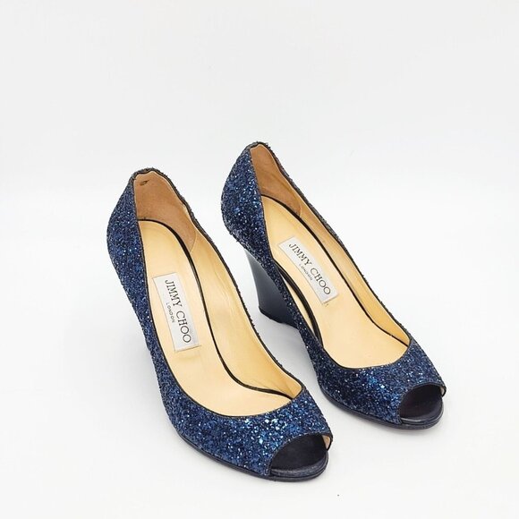 JIMMY CHOO Wedge Heels Blue Glitter BELLO Peep Toe Pumps Size 37.5 - Picture 4 of 9